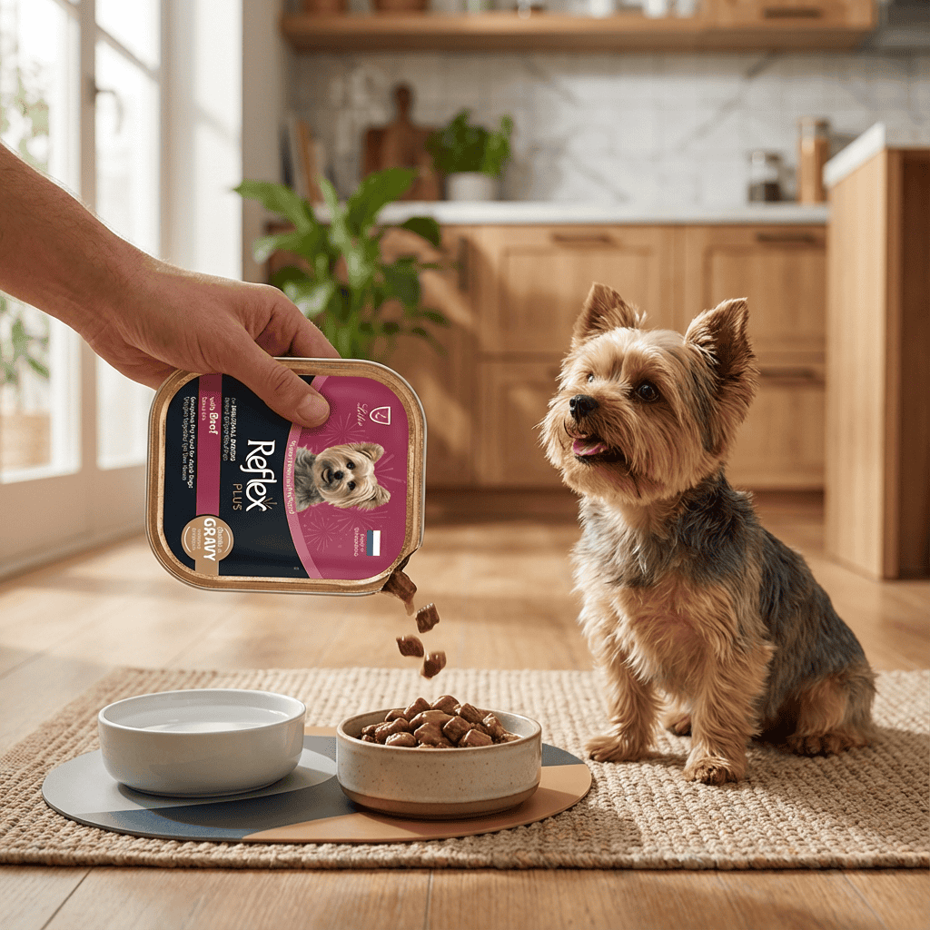 Reflex Plus Sos İçinde Et Parçacıklı Dana Etli Mini ve Küçük Irklar için Yetişkin Köpek Maması 85 g