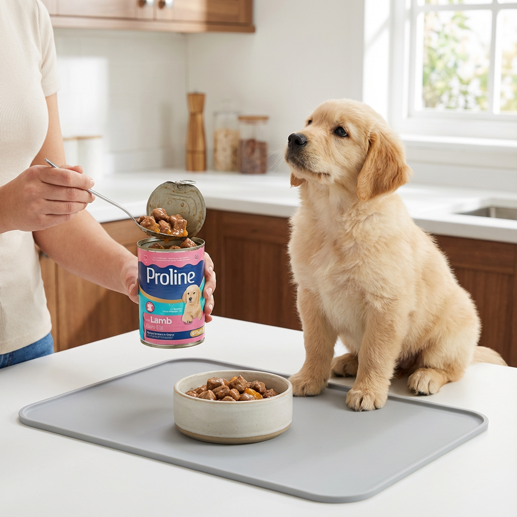 Proline Kuzu Etli ve Bal Kabaklı Sos İçinde Et Parçacıklı Konserve Yavru Köpek Maması 400GR x 12 Adet